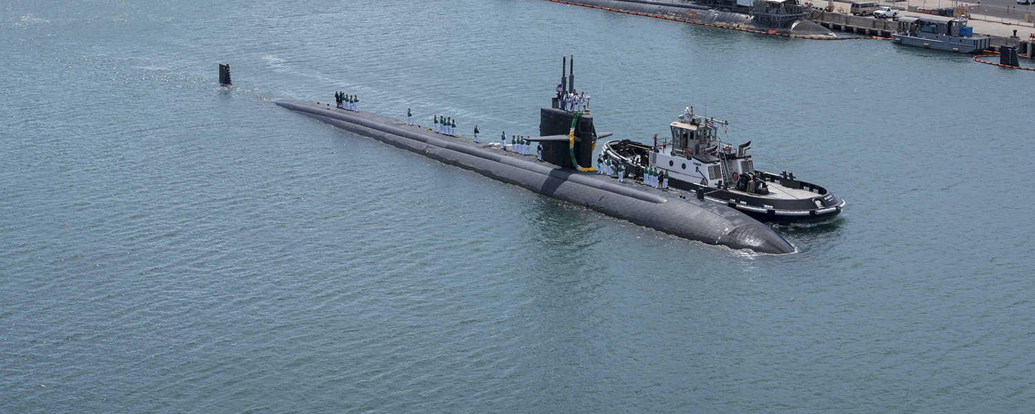 190908-N-UD469-0004 JOINT BASE PEARL HARBOR-HICKAM Sept. 8, 2019 -- The Los Angeles-class fast-attack submarine USS Olympia (SSN 717) returns home following a seven-month deployment. Olympia conducted an around-the-world deployment in support of maritime security operations with allies and partners to ensure high-end war fighting capabilities in this era of great power competition. (U.S. Navy photo by Mass Communication Specialist 1st Class Amanda Gray/Released)