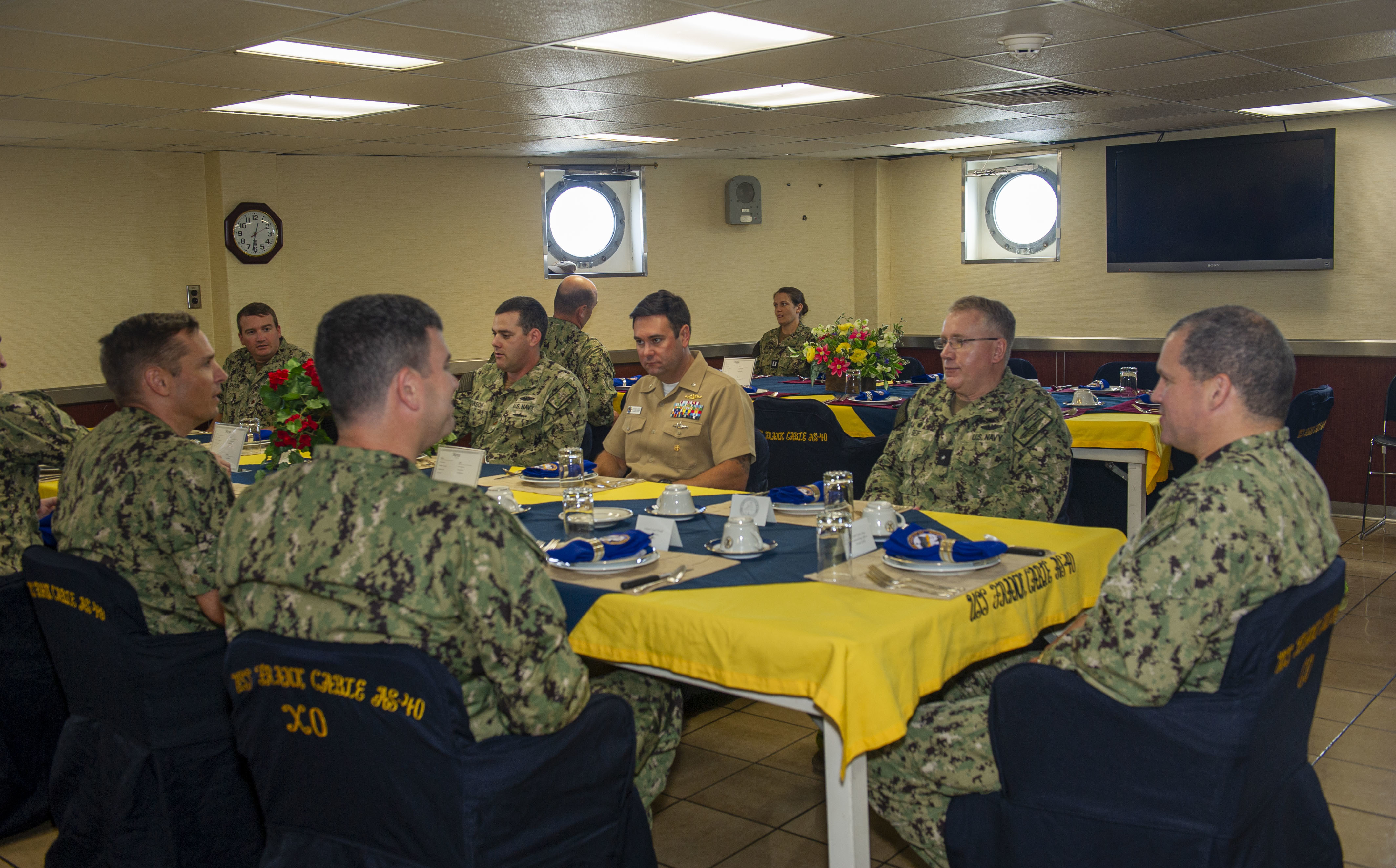 APRA HARBOR, Guam (June 10, 2022) Rear Adm. Rick Seif, Commander, Submarine Group 7 and regional triads meet for lunch aboard the Emory S. Land-class submarine tender USS Frank Cable (AS 40), June 10, 2022. 