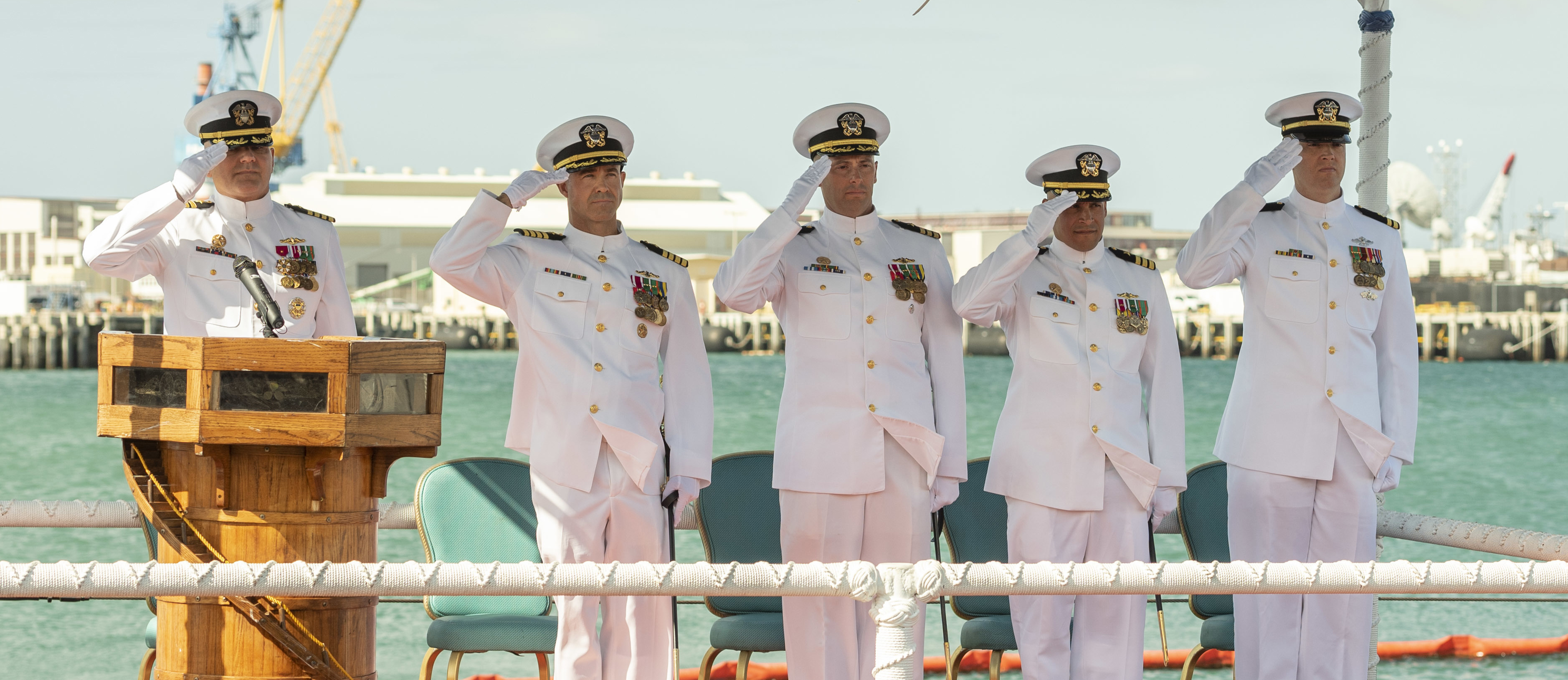 230228-N-NO841-0081 JOINT BASE PEARL HARBOR-HICKAM (Feb. 28, 2023) The official party salutes during a change of command ceremony for the Virginia-class attack submarine USS Missouri (SSN 780) on Joint Base Pearl Harbor-Hickam, Hawaii, Feb. 28, 2023. Missouri is the seventh Virginia-class submarine and the fourth U.S. Navy ship to be named for the state of Missouri. (U.S. Navy photo by Torpedoman 3rd Class Tommy Heng)