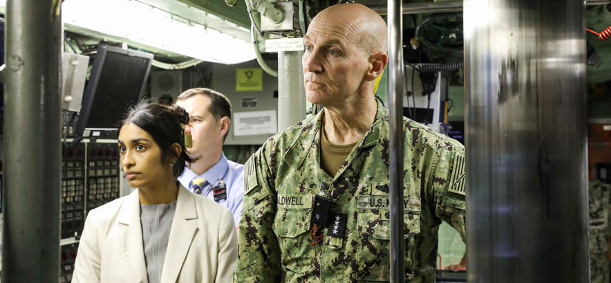 YOKOSUKA, Japan (April 11, 2023) - Adm. James Caldwell, director, Naval Nuclear Propulsion Program, speaks with Cmdr. Mike Brown, commanding officer of the Los Angeles-class fast-attack submarine USS Hampton (SSN 767) during a tour in port at Commander, Fleet Activities Yokosuka, April 11. 