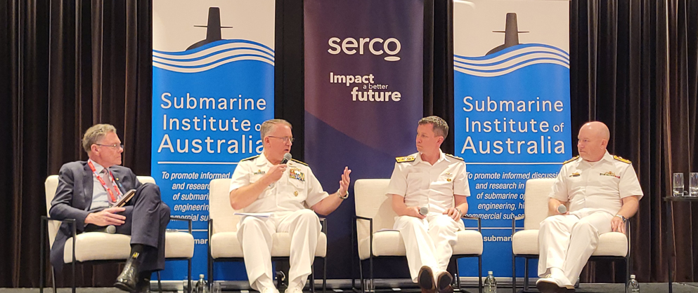 Rear Adm. Rick Seif, commander, Submarine Force, U.S. Pacific Fleet, second from left, speaks during a panel discussion at the 12th Submarine Institute of Australia (SIA) Biennial Conference 2024, Nov. 6. Following his remarks about the capabilities of conventionally armed nuclear powered fast-attack submarines, Seif joined Royal Navy Rear Adm. Andrew Perks, Director Submarines, and Commodore Tom Phillips, commander of the Royal Australian Navy’s Submarine Force, and panel facilitator retired Royal Australian Navy Rear Adm. Allan du Toit, discussing how submarines can deter aggression throughout the Indo-Pacific. The Pacific Submarine Force provides strategic deterrence, anti-submarine warfare, anti-surface warfare, precision land strike, intelligence, surveillance, reconnaissance, early warning, and special warfare capabilities around the globe. (U.S. Navy photo by Lt. Cmdr. Rick Moore) 