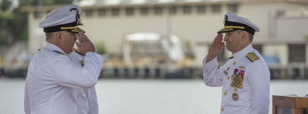 JOINT BASE PEARL HARBOR-HICKAM (April 11, 2025) – Rear Adm. Rick Seif, left, outgoing commander, Submarine Force, U.S. Pacific Fleet, is relieved by Rear Adm. Chris Cavanaugh, incoming commander, during the COMSUBPAC change of command ceremony aboard the Virginia-class fast-attack submarine USS Montana (SSN 794), April 11, 2025. The Pacific Submarine Force provides strategic deterrence; anti-submarine warfare; anti-surface warfare; precision land strike; intelligence, surveillance, reconnaissance, and early warning; and special warfare capabilities around the globe. (U.S. Navy photo by Mass Communication Specialist 1st Class Scott Barnes)