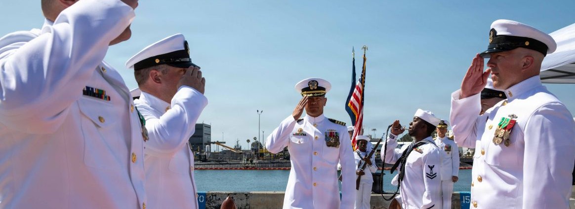 NAVAL BASE POINT LOMA, Calif. (June 29, 2026) Capt. Phillip Sylvia Jr., commander, Submarine Squadron 11, renders a salute to side boys during the Inactivation Ceremony for Los Angeles-class fast-attack submarine USS Alexandria (SSN 757) onboard Naval Base Point Loma, June 29, 2026. Alexandria was commissioned on June 29, 1991, and is scheduled to be decommissioned after 35 years of active service. Alexandria is assigned to Commander, Submarine Squadron 11, home to four Los Angeles-class fast-attack submarines, which are capable of supporting various missions, including anti-submarine warfare, anti-ship warfare, strike warfare and intelligence, surveillance and reconnaissance. (U.S. Navy photo by Mass Communication Specialist 2nd Class Rashan Jefferson)