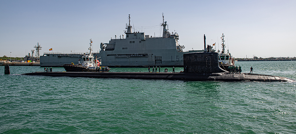 The Virginia-class fast-attack submarine USS Indiana (SSN 789) arrives at Naval Station Rota, Spain, July 17, 2020. (U.S. Navy photo by Mass Communication Specialist 3rd Class Katie Cox/Released)  