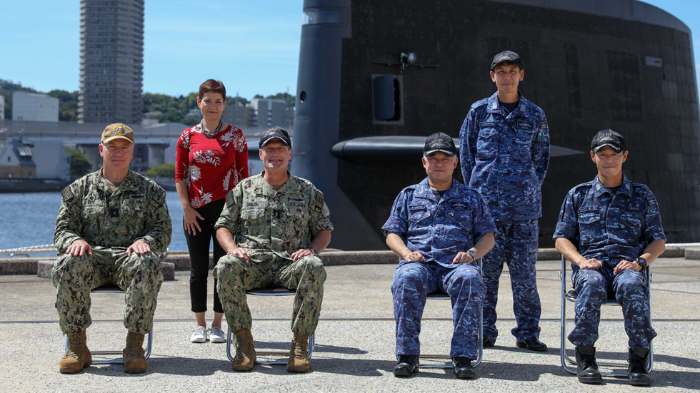 220912-N-AZ467-4001 YOKOSUKA, Japan (Sept. 12, 2022) — (From left to right) Rear Adm. Rick Seif, Commander, Submarine Group (CSG) 7, Rear Adm. Jeff Jablon, Commander, Submarine Force, U.S. Pacific Fleet, Japan Maritime Self-Defense Force Vice Adm. TAWARA Tateki, Commander, Fleet Submarine Force, and Cmdr. TSUCHIYA Toru, commanding officer of the Taigei-class submarine JS Taigei (SS 513) pose for a photo at Commander, Fleet Activities Yokosuka, Sept. 12, 2022. CSG-7 directs forward-deployed, combat capable forces across the full spectrum of undersea warfare throughout the Western Pacific, Indian Ocean, and Arabian Sea. (U.S. Navy photo by Mass Communication Specialist 2nd Class Travis Baley)