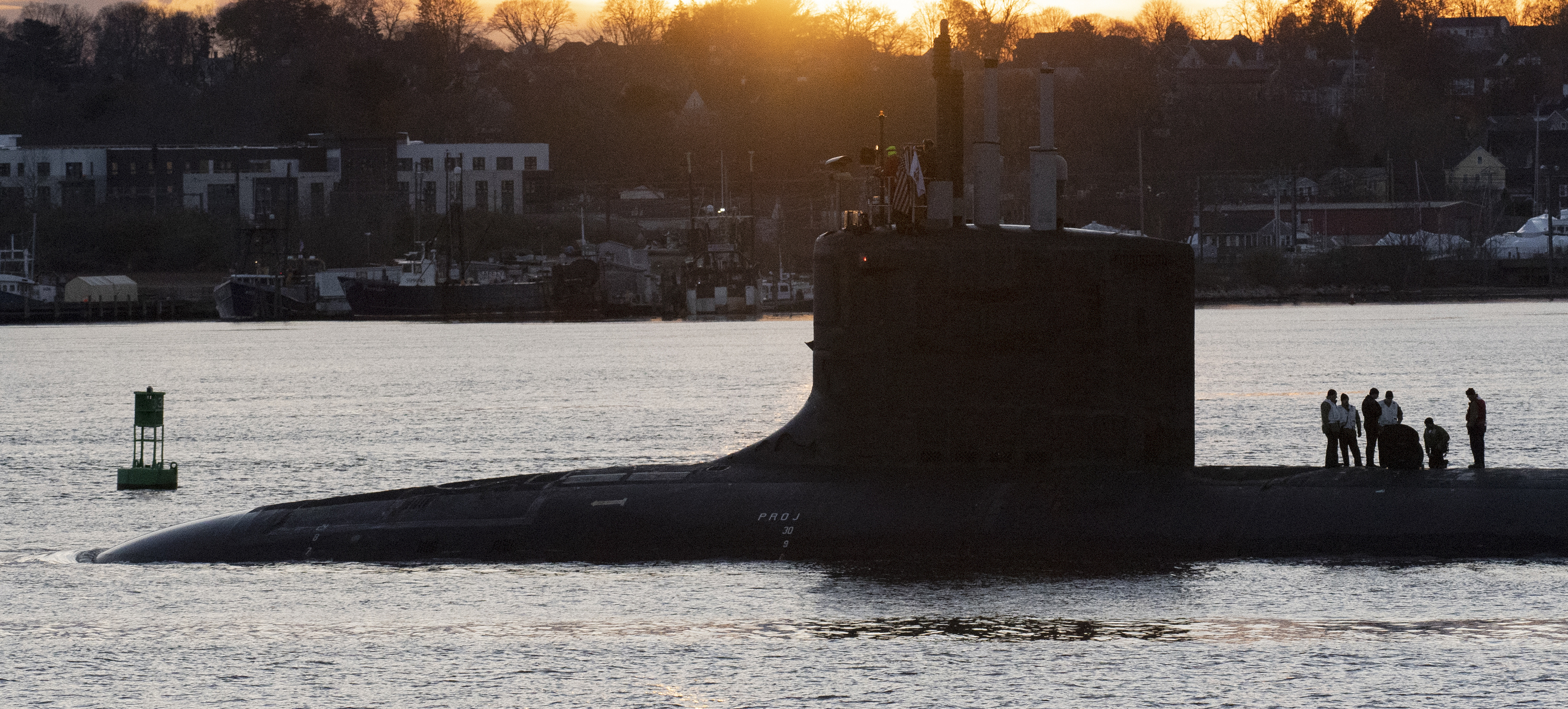 The Virginia-class fast-attack submarine USS Indiana (SSN 789) makes its way down the Thames River after departing Submarine Base New London in Groton, Conn., for routine operations on Tuesday, Nov. 29, 2022.  (U.S. Navy Photo by John Narewski) 