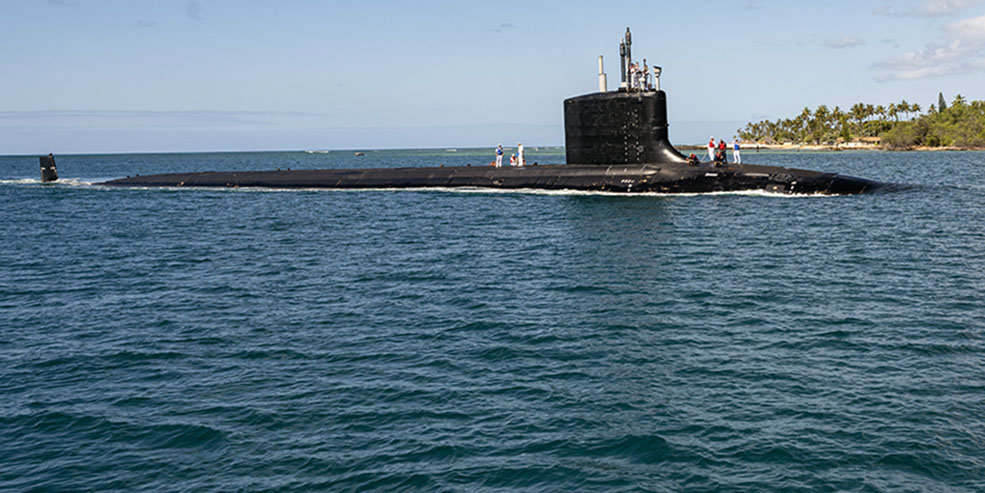 PEARL HARBOR (July 27, 2023) The Virginia-class fast-attack submarine USS Vermont (SSN 792) transits to its new homeport of Joint Base Pearl Harbor-Hickam, July 27, 2023. Vermont, the first Block IV Virginia-class submarine to enter service, is a new construction submarine that is joining the six Virginia-class submarines already assigned to Commander, Submarine Squadron (CSS) 1. (U.S. Navy photo/video by Torpedoman's Mate 3rd Class Tommy Heng)